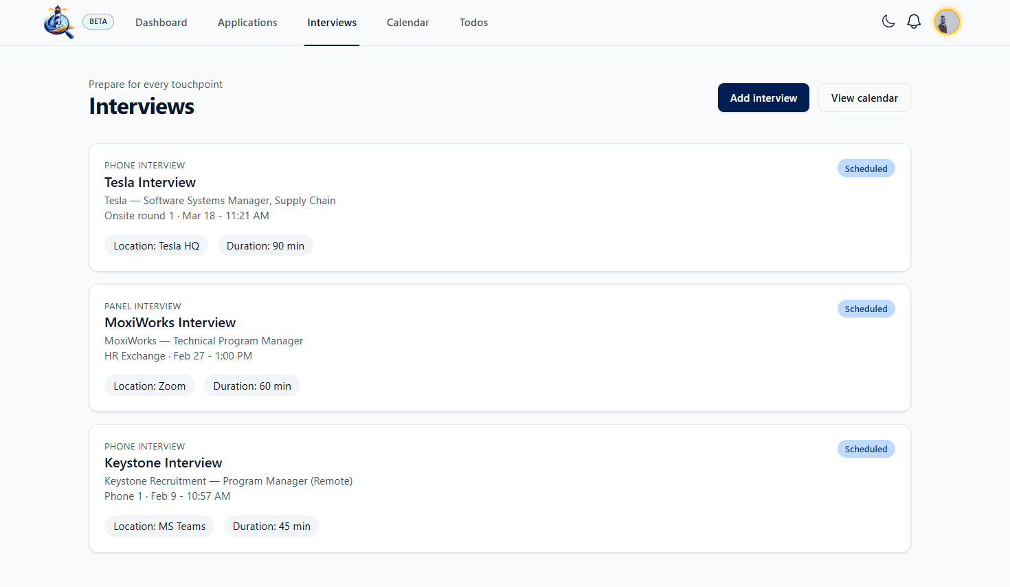 Jobilight interview list showing scheduled interview stages